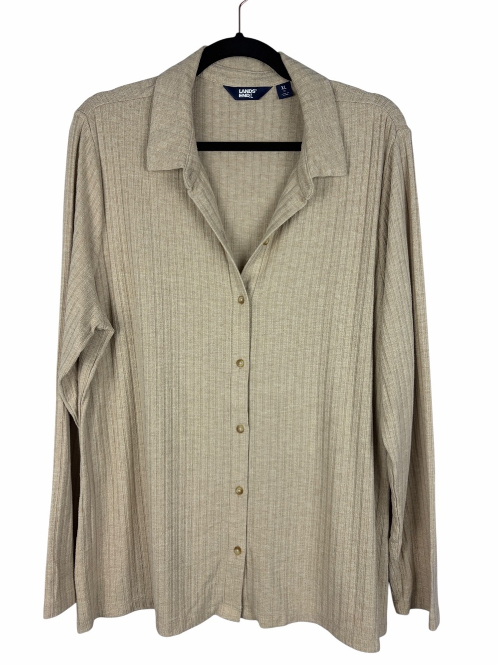 Lands’ End Ribbed Knit Button Front Shirt Beige Taupe Stretch Long Sleeve XL 18